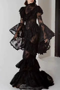 Glorol - Long Sleeve Lace Embroidery High Waist Maxi Dress