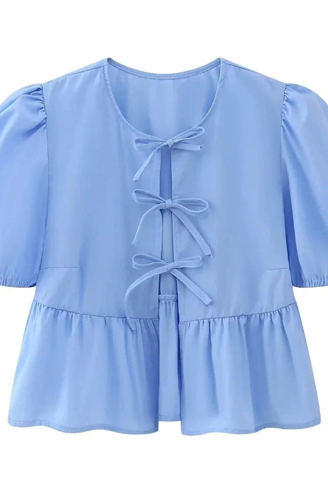 Glorol - Hollow Out Printed Short Sleeve Lace-Up Slim Top