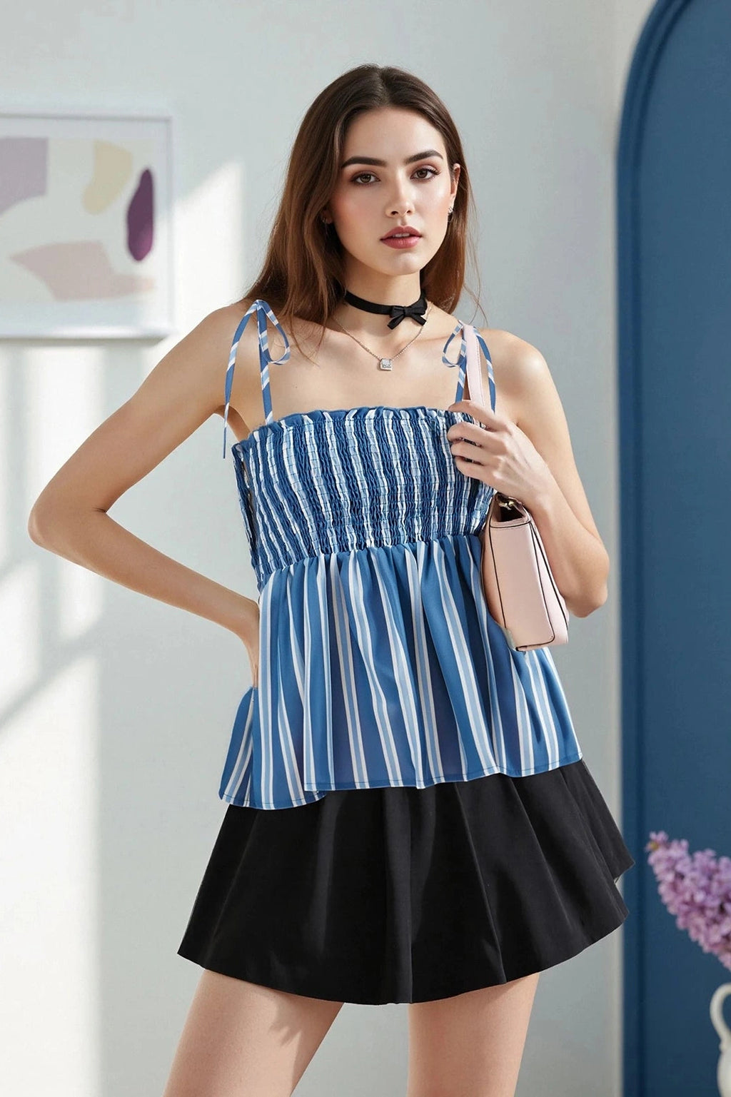 Glorol - Sleeveless Backless Tie-Up Plaid Top