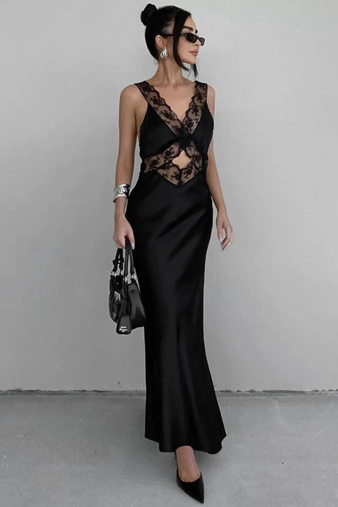 Glorol - Lace Slim Deep V Neck High Waist Maxi Dress