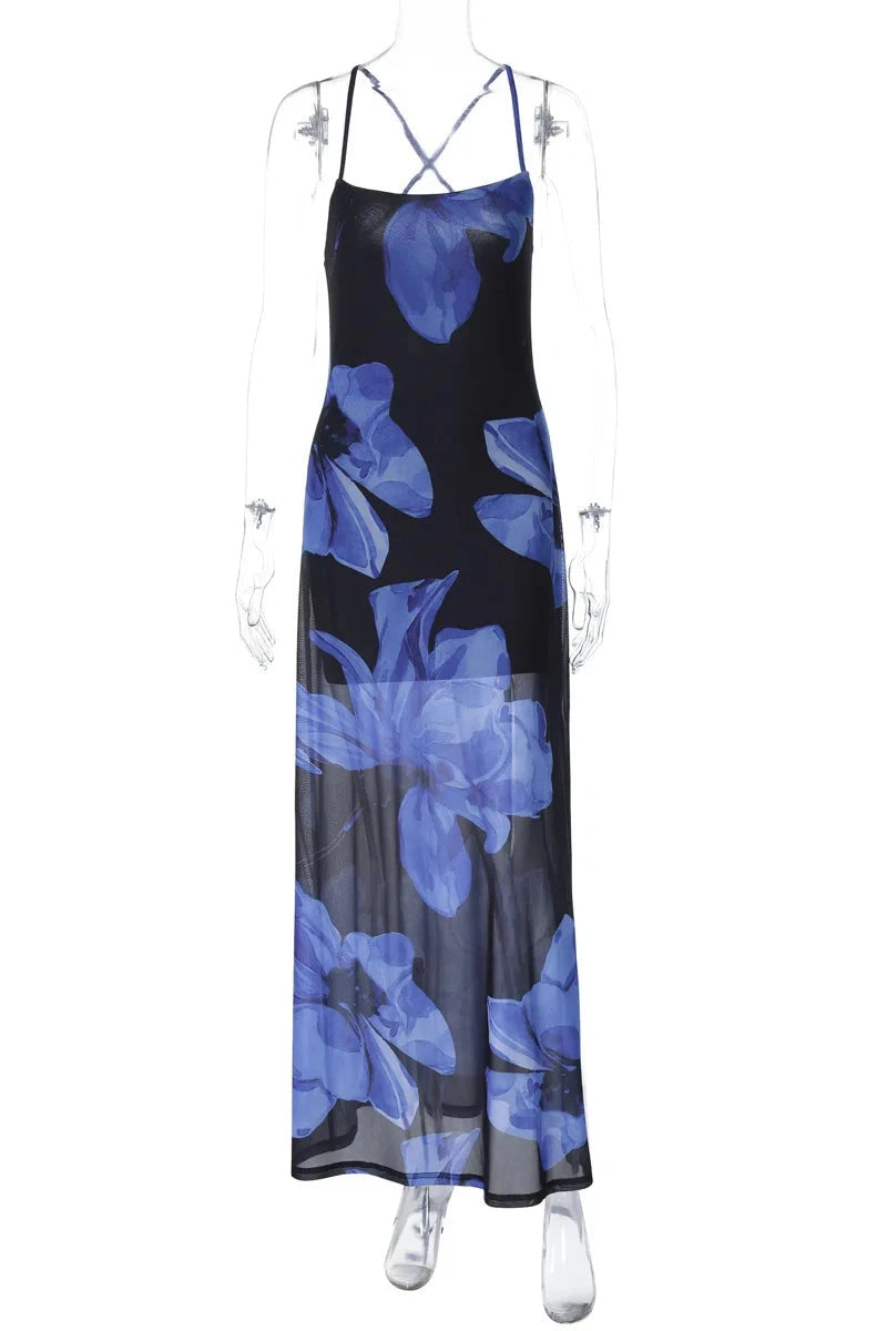 Glorol - Printed Sleeveless Backless Lace-Up Maxi Dress
