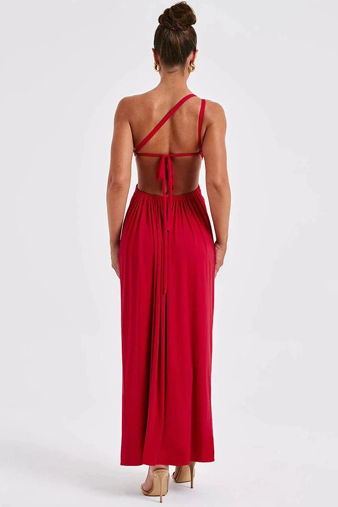 Glorol - One Shoulder Diagonal Collar Backless Maxi Dress