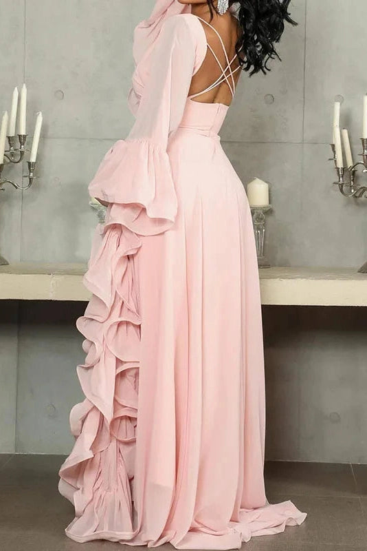 Glorol - O-Neck High Waist Backless Lace Up Long Sleeve Maxi Dress