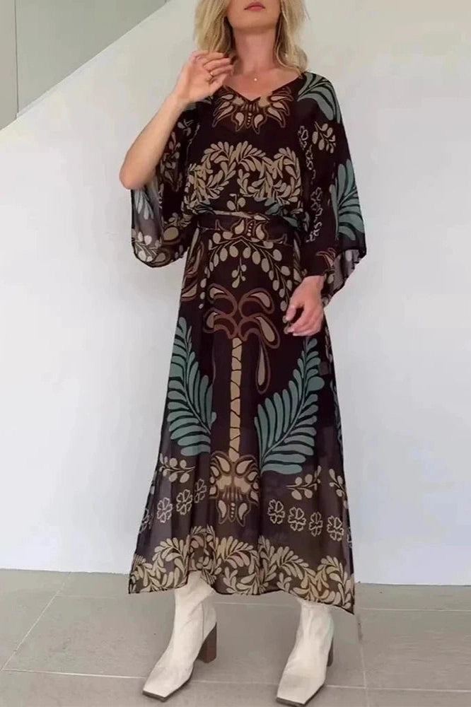 Glorol - Long Sleeve Loose Pleated Lace Up Printed V-Neck Maxi Dress