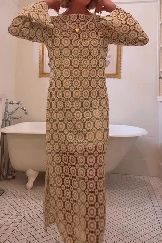Glorol - O-Neck Loose A-Line See-Through Printed Maxi Dress