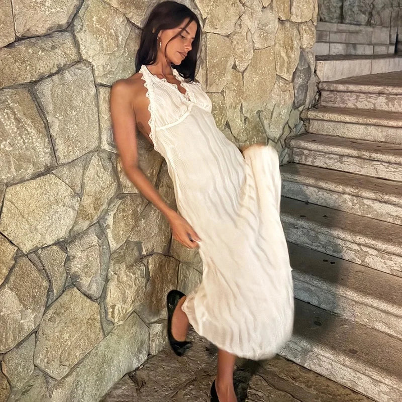 Glorol - Lace Up Patchwork Backless Sleeveless Maxi Dress