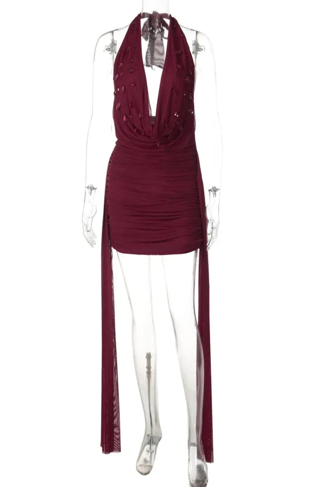 Glorol - Deep V Neck Backless Off-Shoulder Mini Dress