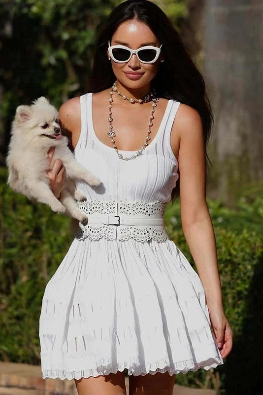 Glorol - Hollow-Out Slim Knitted Sleeveless A-Line High Waist Mini Dress