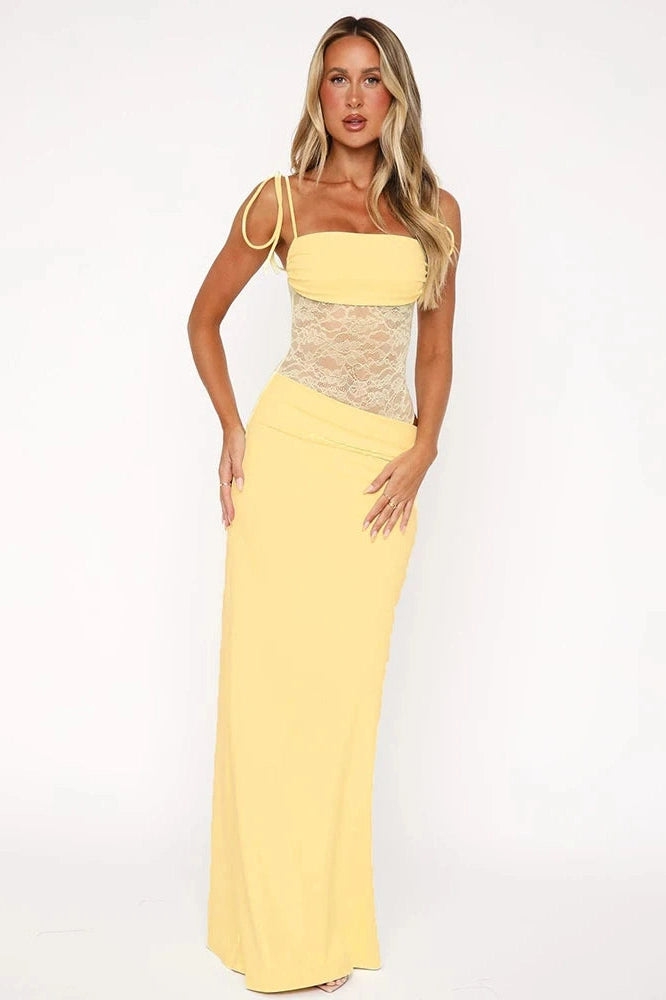 Glorol - Hollow Out Lace Spaghetti Strap Lace Up Waist Slim Sleeveless Maxi Dress