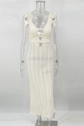 Glorol - Deep V Neck Sleeveless See Through High Waist Knitted Maxi Dress