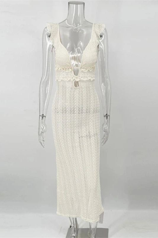 Glorol - Deep V Neck Sleeveless See Through High Waist Knitted Maxi Dress