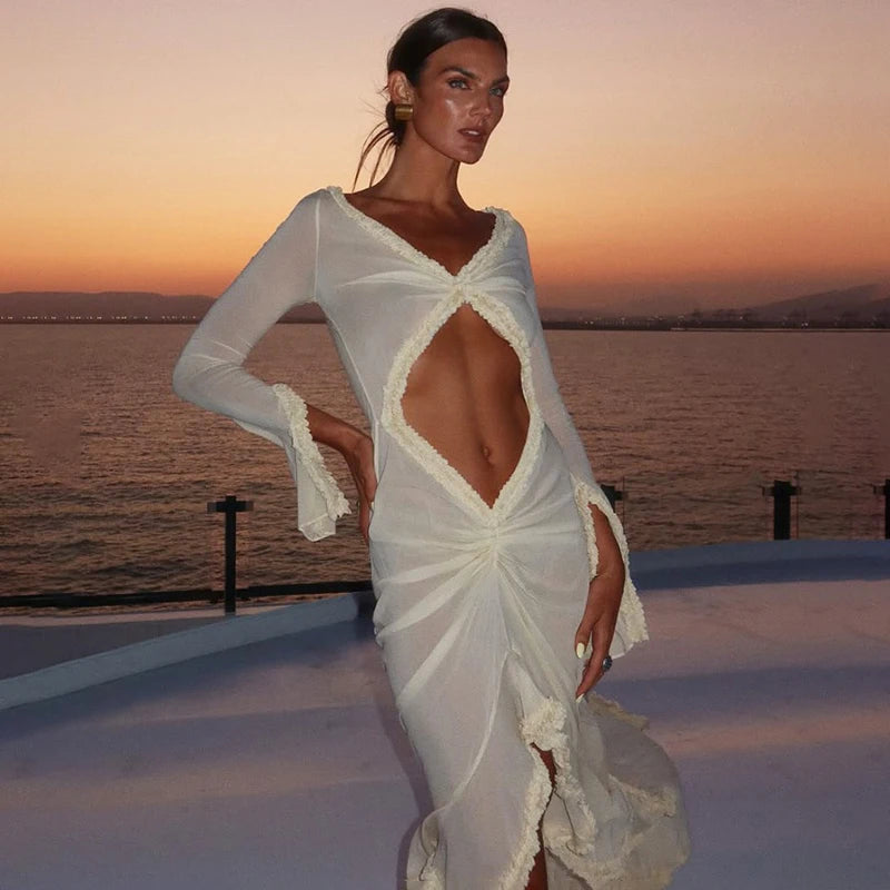 Glorol - Hollow Out Long Sleeve V Neck Slim Maxi Dress
