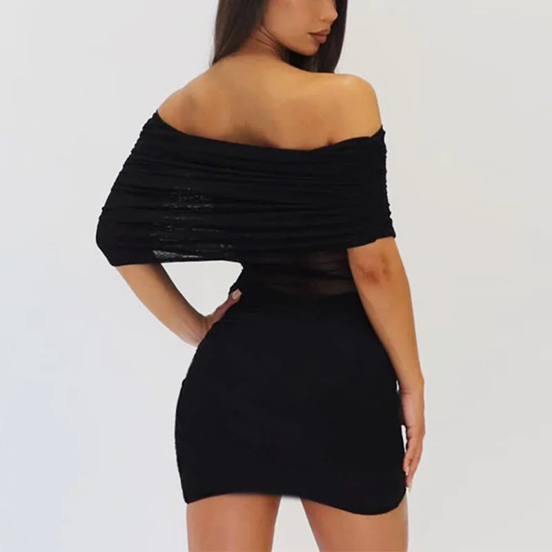 Glorol - Off Shoulder See Through Patchwork Mini Dress