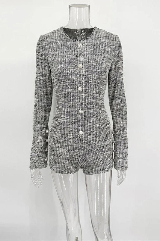 Glorol - Long Sleeve Crew Neck Button High-Waisted Jumpsuit
