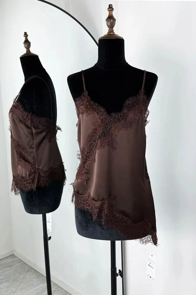 Glorol - Lace Printed V-Neck Patchwork Backless Top