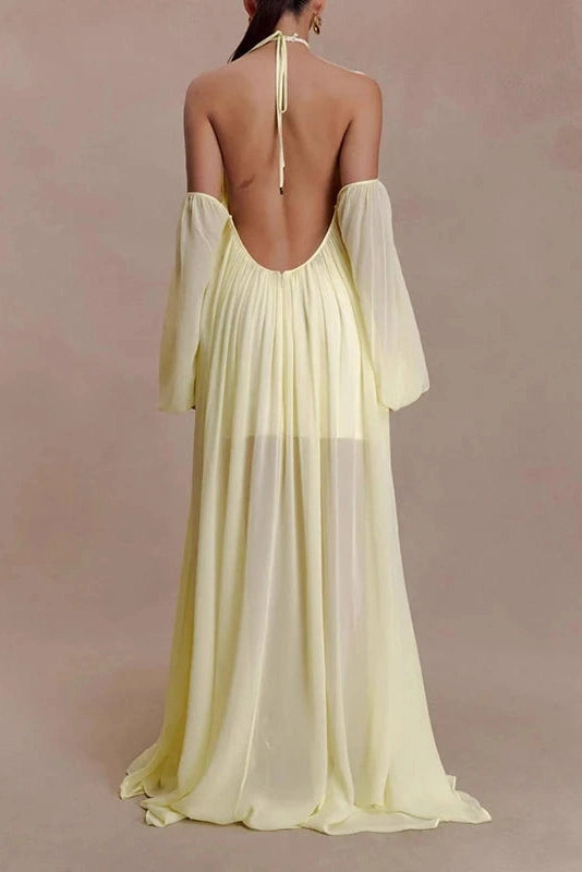 Glorol - Backless Lace Up Off Shoulder Pleat Loose Maxi Dress