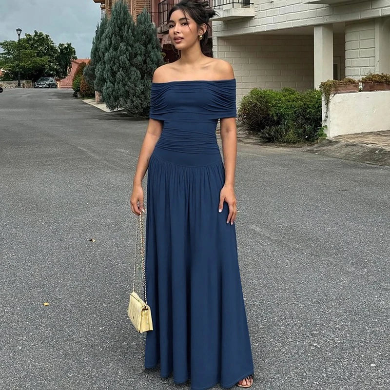 Glorol - Off Shoulder Patchwork Sleeveless Slit Slim Maxi Dress