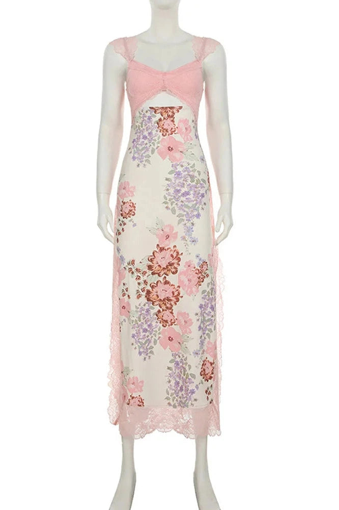 Glorol - Hollow Out Printed Lace Patchwork Slim Maxi Dress