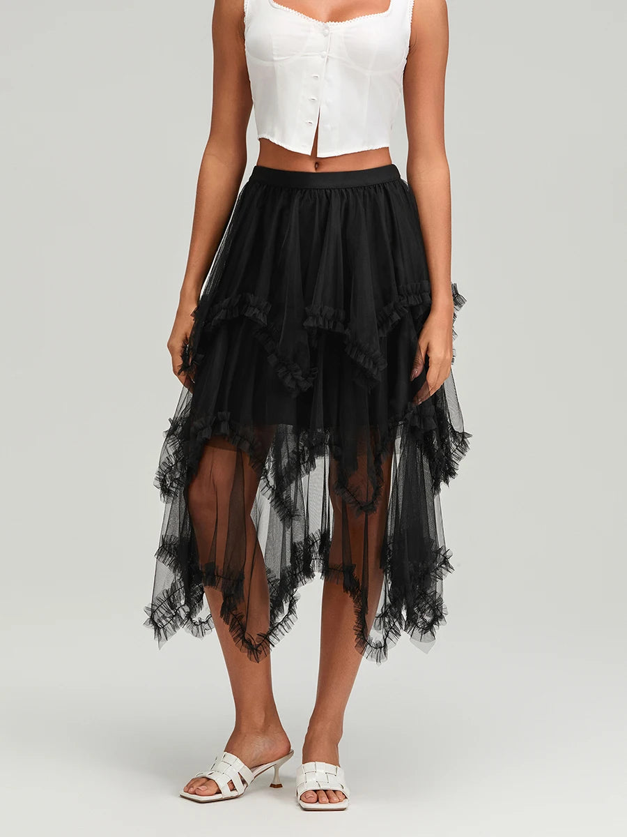 Glorol - High Waist Layered Tulle Frill Trim Skirt