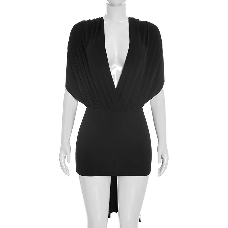 Glorol - Deep V-Neck Backless Lace-Up Slim Mini Dress