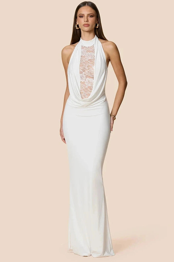 Glorol - Lace V Neck Lace Off-Shoulder Backless Bodycon Maxi Dress