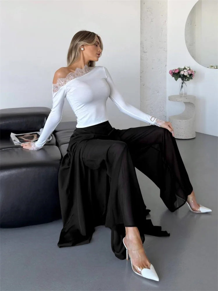 Glorol - High Waist See-Through Patchwork Wide Leg Skirt