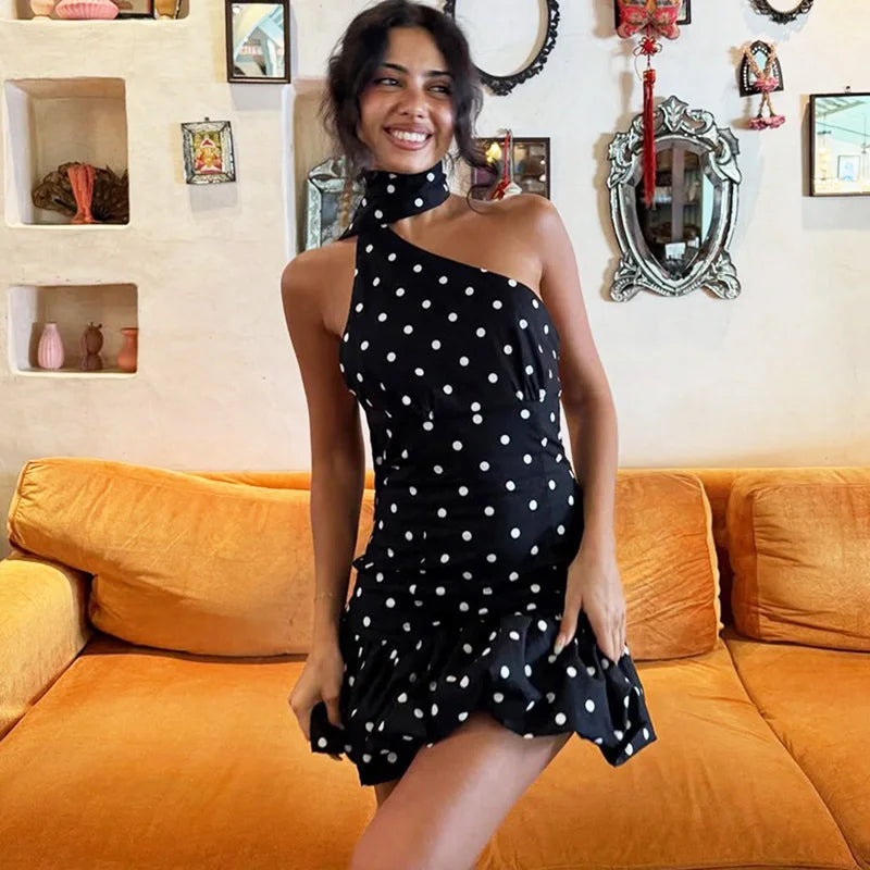 Glorol - Polka Dot Scarf Ribbon Backless Sleeveless Mini Dress