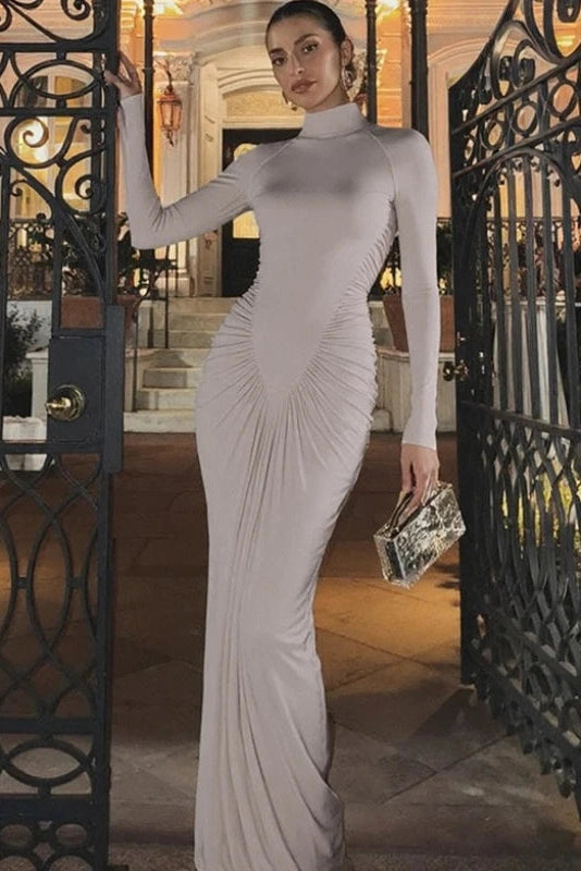 Glorol - Elegant Turtleneck Slim Long Sleeve High Waist Maxi Dress