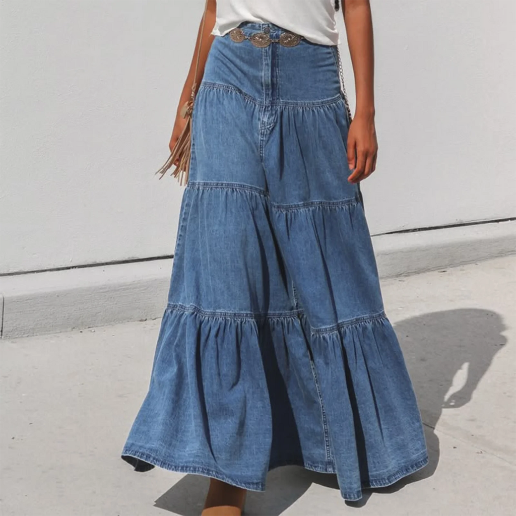 Glorol - High Waist A-Line Denim Skirt