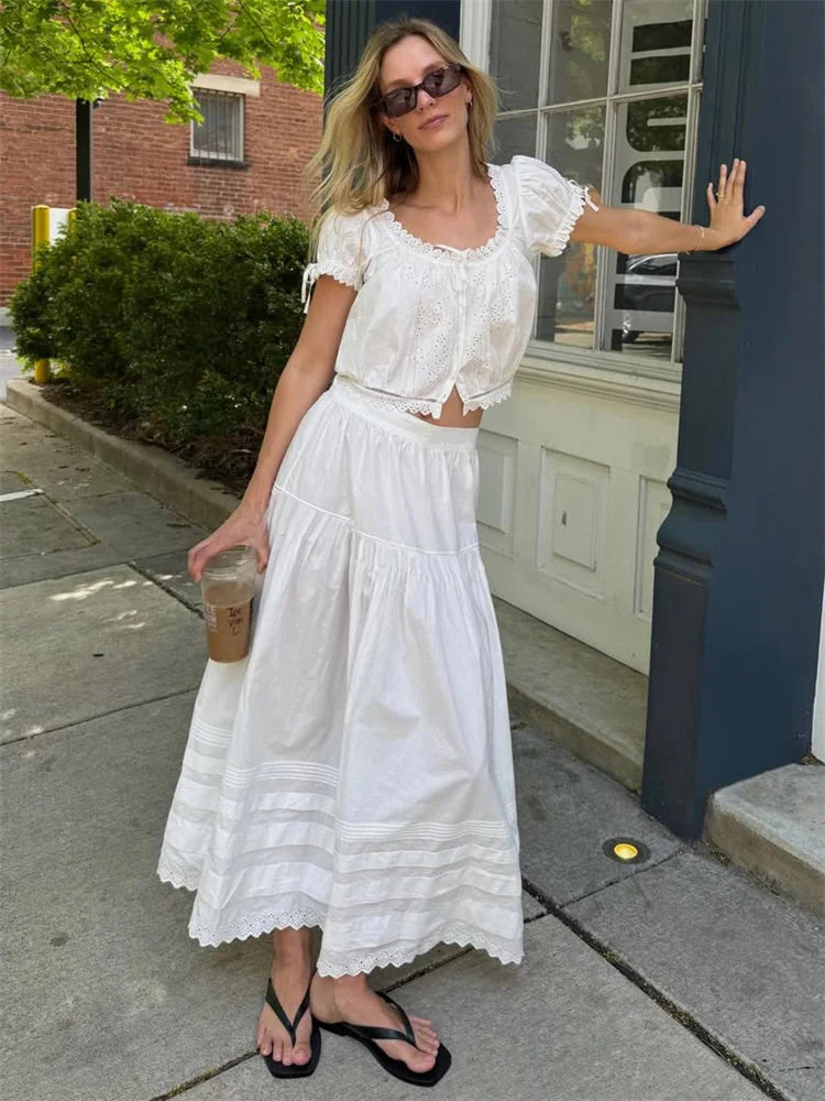 Glorol - High Waist Pleated Loose Lace Skirt