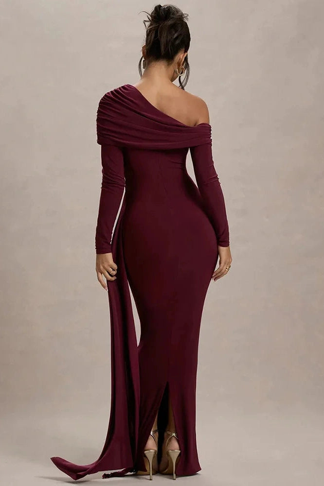 Glorol - Skew Collar Long Sleeve Backless Bodycon Maxi Dress