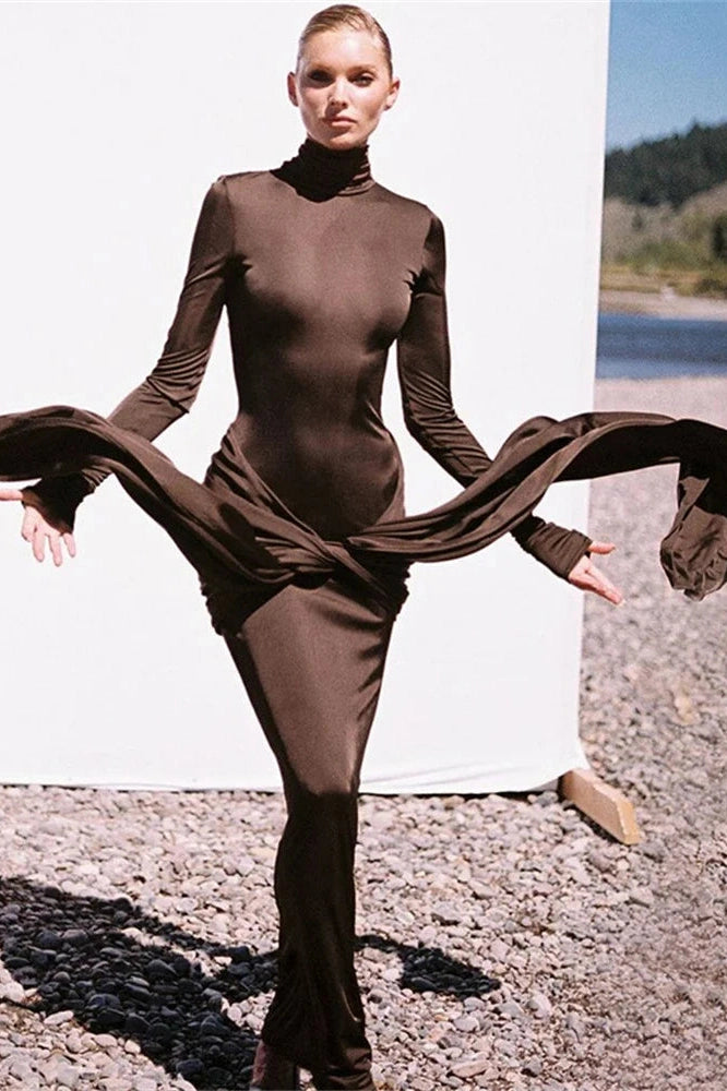 Glorol - Slim Pleated Long Sleeve Lace-Up Maxi Dress