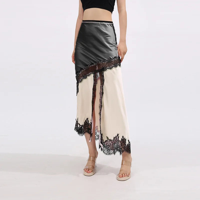 Glorol - High Waist Lace Splice Hollow Slit Skirt