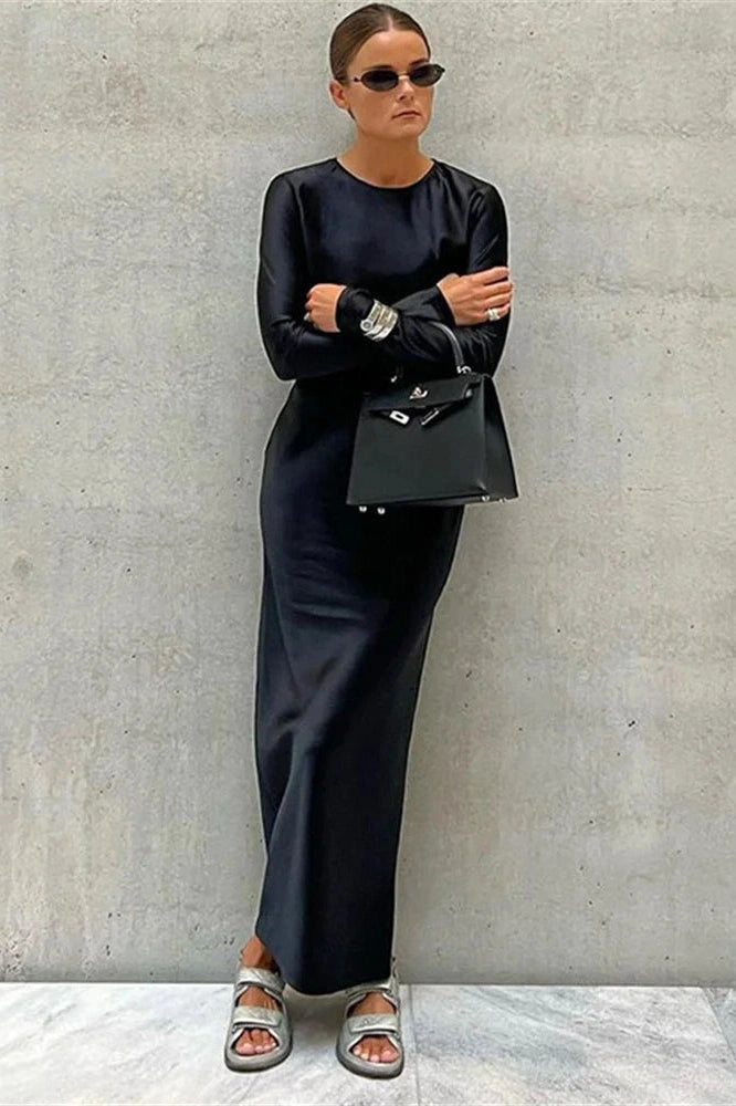 Glorol - Hollow Out High Waist Slim Long Sleeve Zipper Maxi Dress