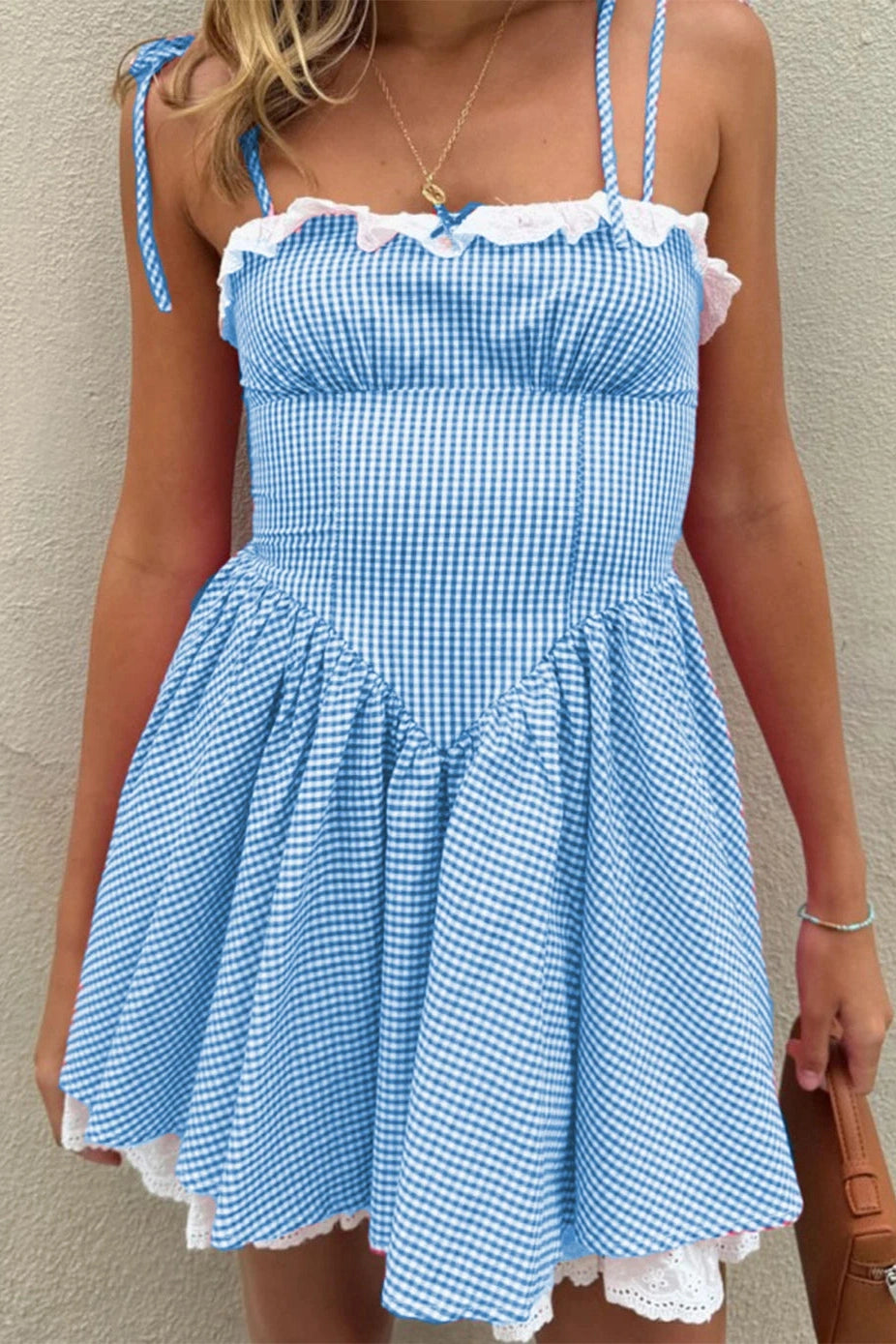 Glorol - Elegant Plaid Lace A-Line Mini Dress