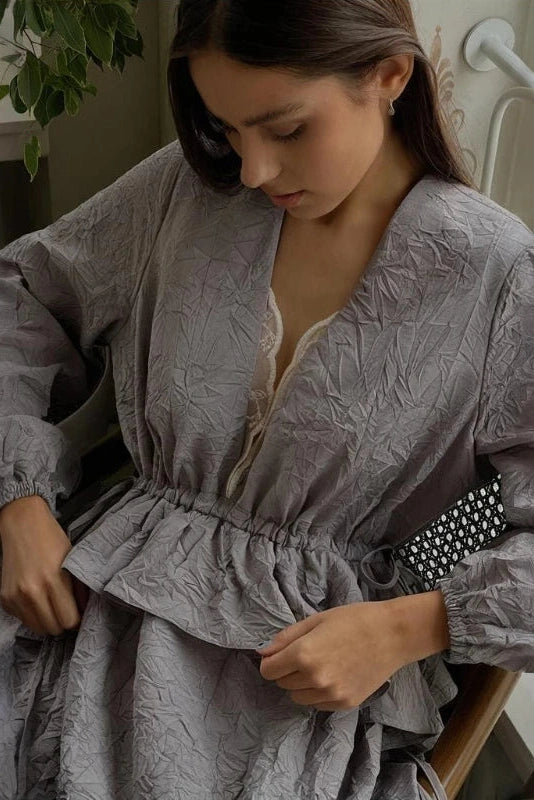 Glorol - Lantern Sleeves Lace V-Neck Midi Dress