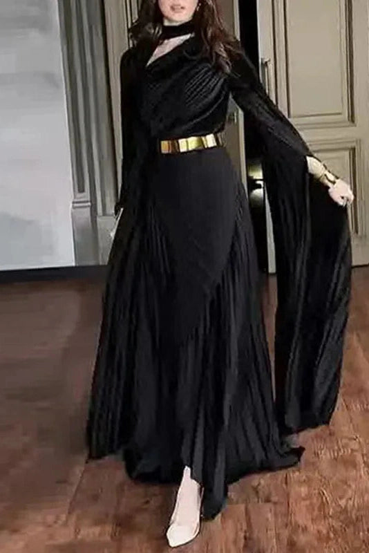 Glorol - Elegant Hollow Out Printed Slit Sleeve High Waist Maxi Dress