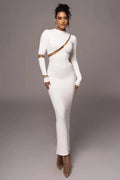 Glorol - Long Sleeve Bodycon Patchwork Hollow Out Maxi Dress