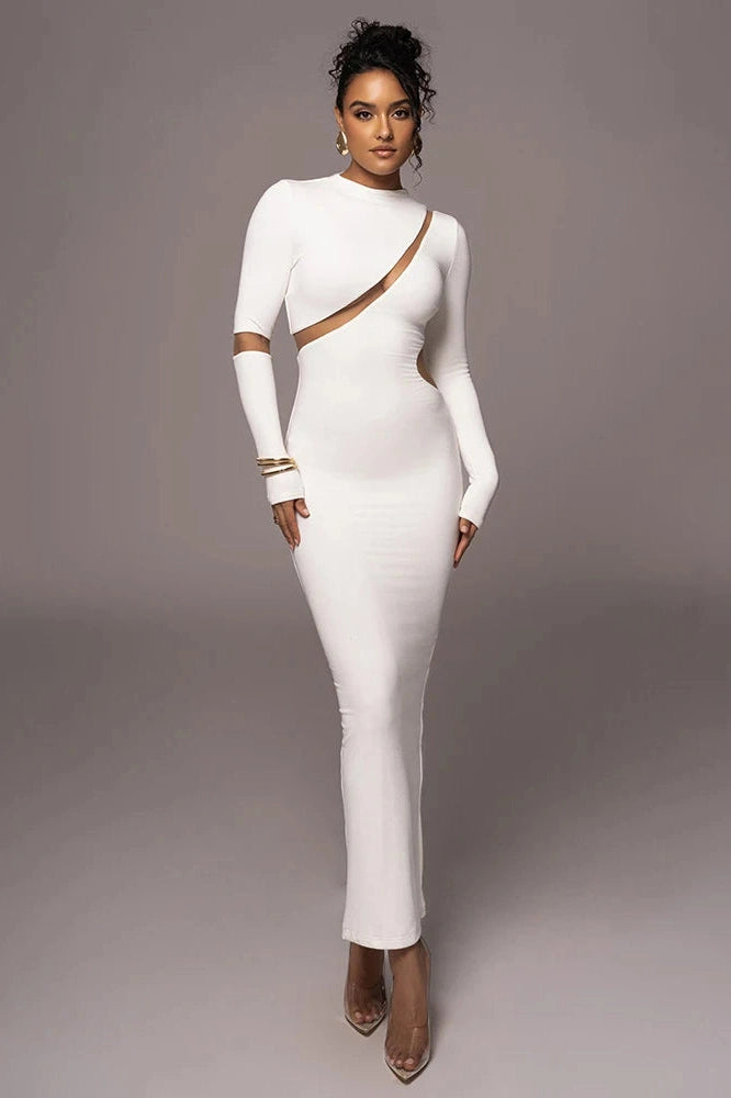 Glorol - Long Sleeve Bodycon Patchwork Hollow Out Maxi Dress