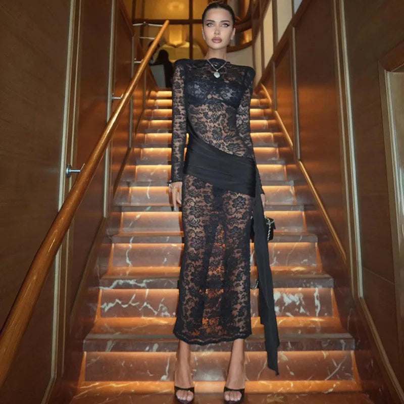 Glorol - Long Sleeve Slim See Through Lace Up Midi Dress