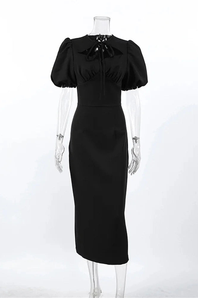 Glorol - Lace-Up Slim Short Sleeve High Waist Patchwork Midi Dress