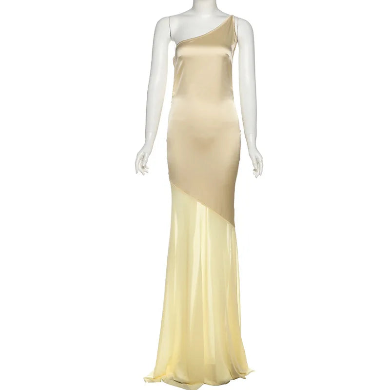 Glorol - Patchwork One Shoulder Lace-Up Backless Maxi Dress