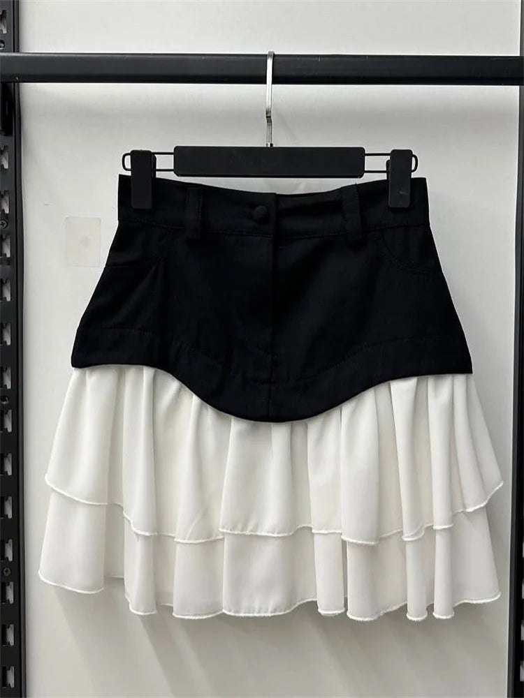 Glorol - High Waist Contrast Patchwork Pleated Skirt