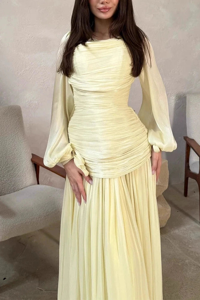 Glorol - Long Sleeve O-Neck High Waist Pleated Maxi Dress