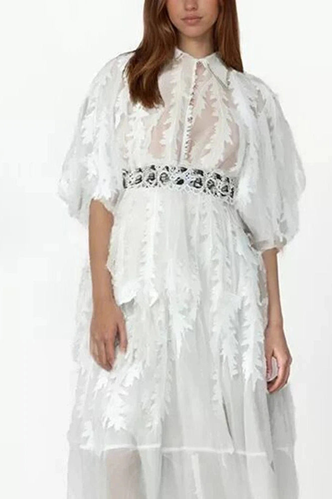 Glorol - Elegant Loose Puff Sleeve High Waist Midi Dress