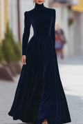 Glorol - Elegant High Collar Long Sleeve Slim Pleated Maxi Dress