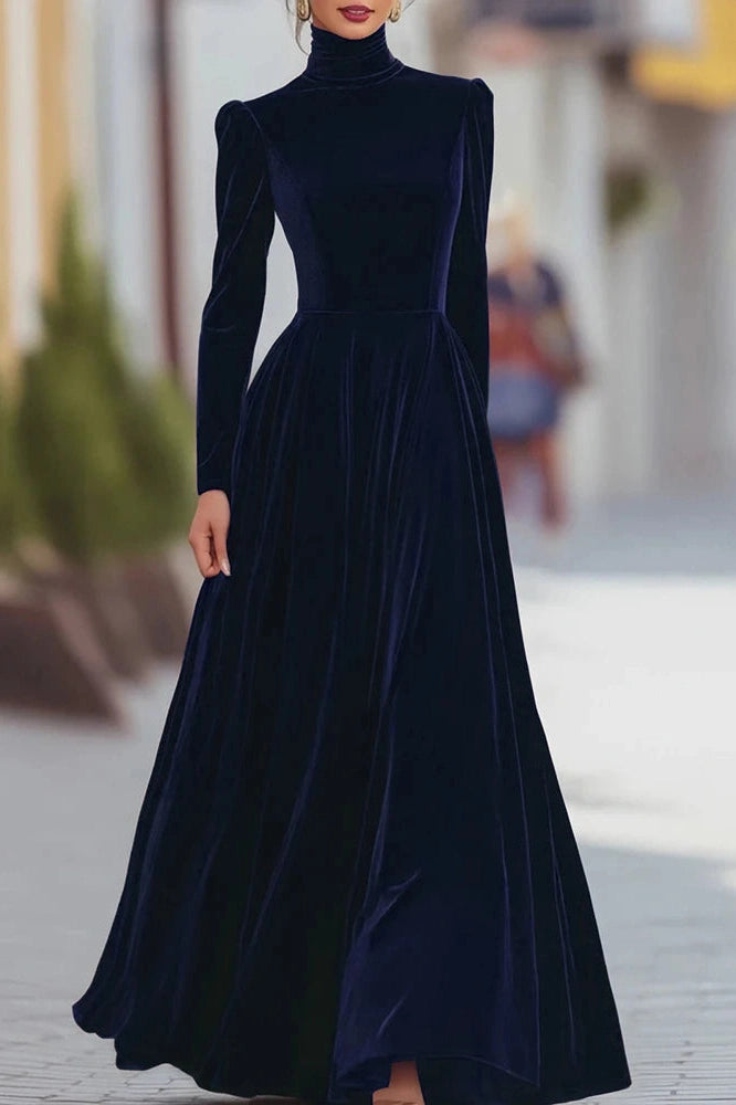 Glorol - Elegant High Collar Long Sleeve Slim Pleated Maxi Dress