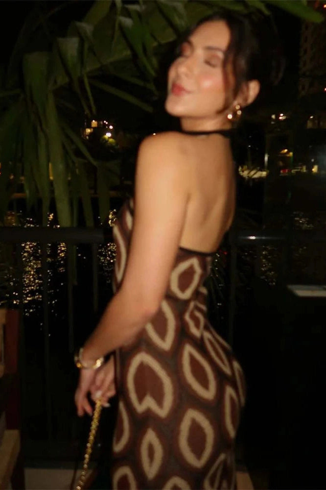 Glorol - Hollow Out Printed Backless Maxi Dress