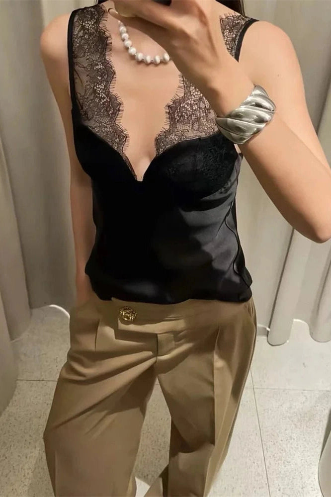 Glorol - Lace V-Neck Backless Patchwork Sleeveless Top
