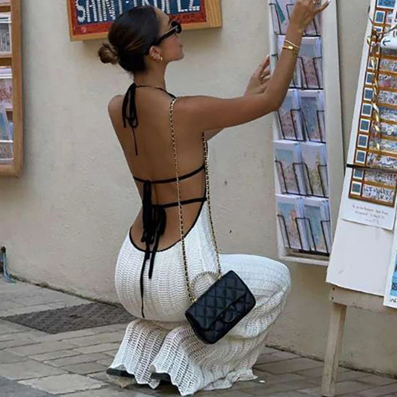 Glorol - Backless Lace-Up V-Neck Sleeveless Maxi Dress